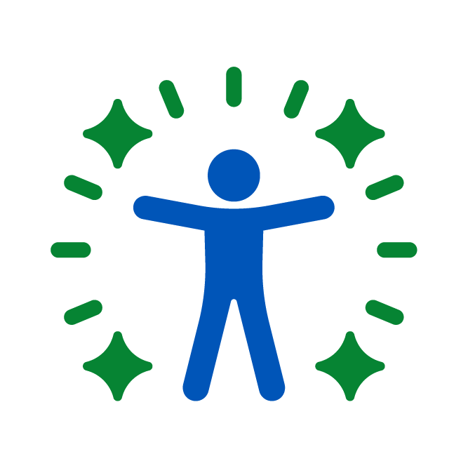 Blue human figure with green sparkles icon