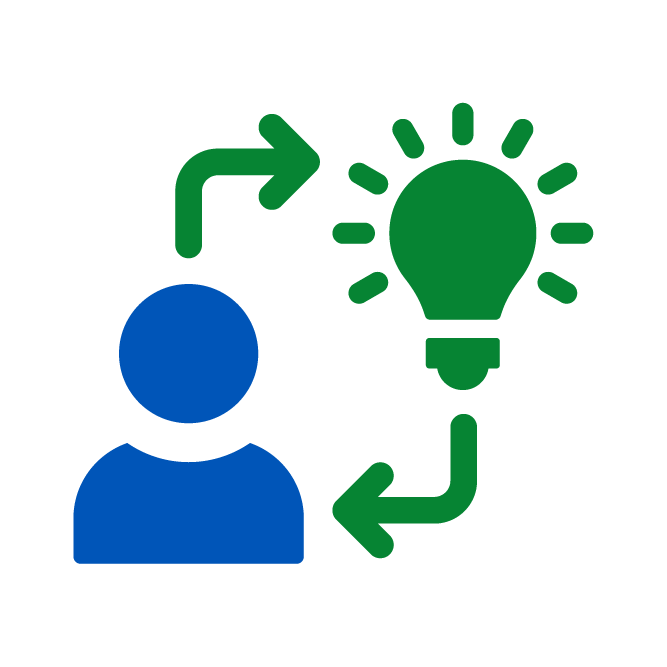 Person icon exchanging ideas with lightbulb
