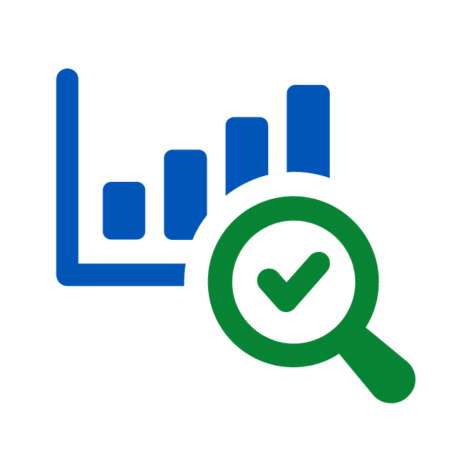 Bar chart with magnifying glass and checkmark