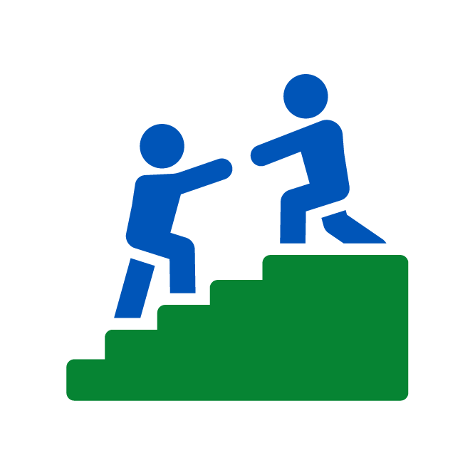 Two figures climbing stairs with helping gesture
