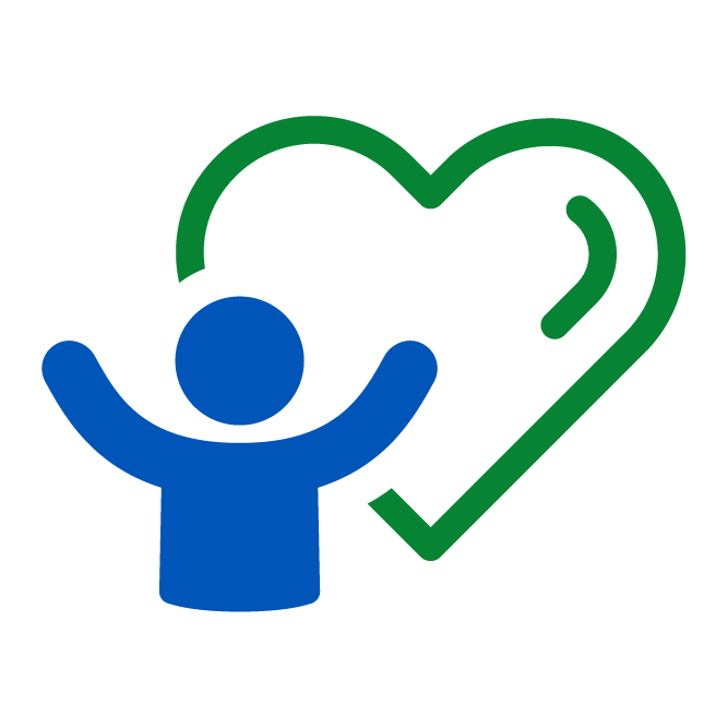 Blue person icon with green heart checkmark