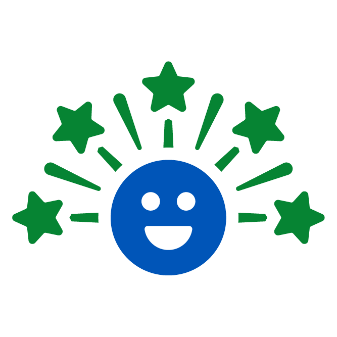 Blue smiling face with green stars around it