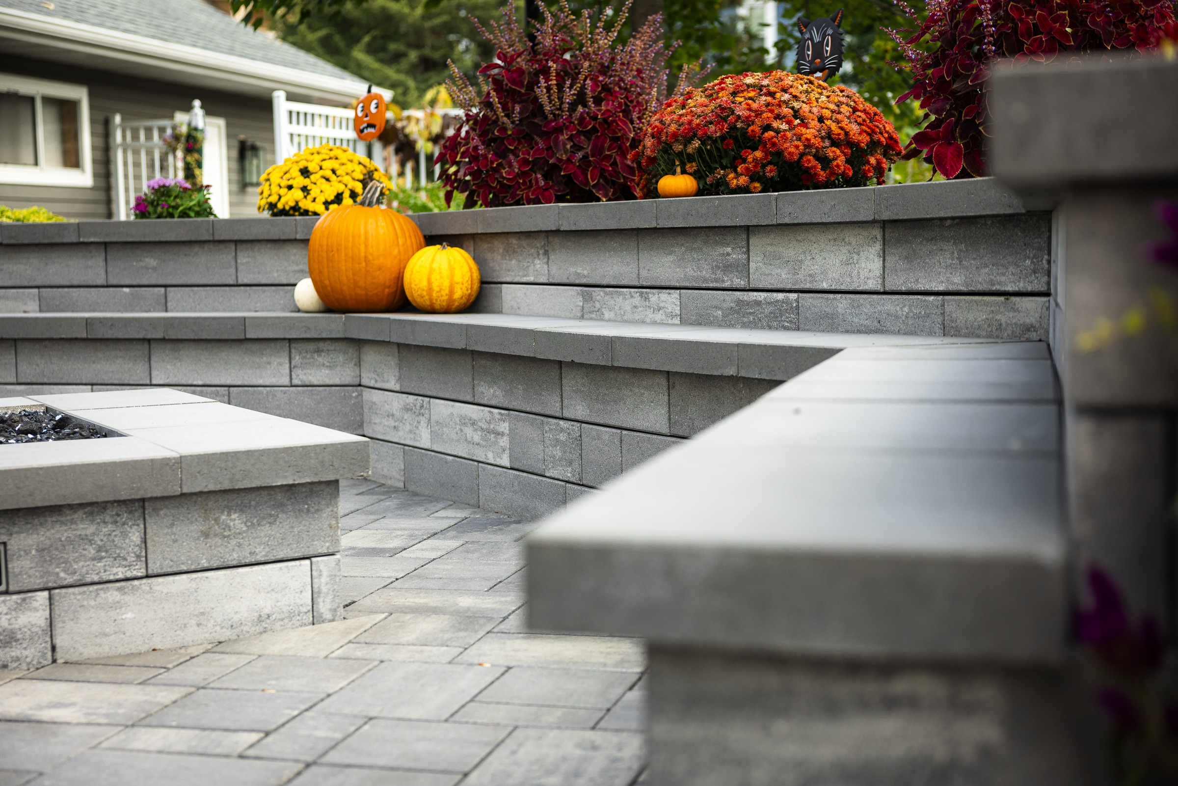 Pumpkins and mums on backyard patio steps