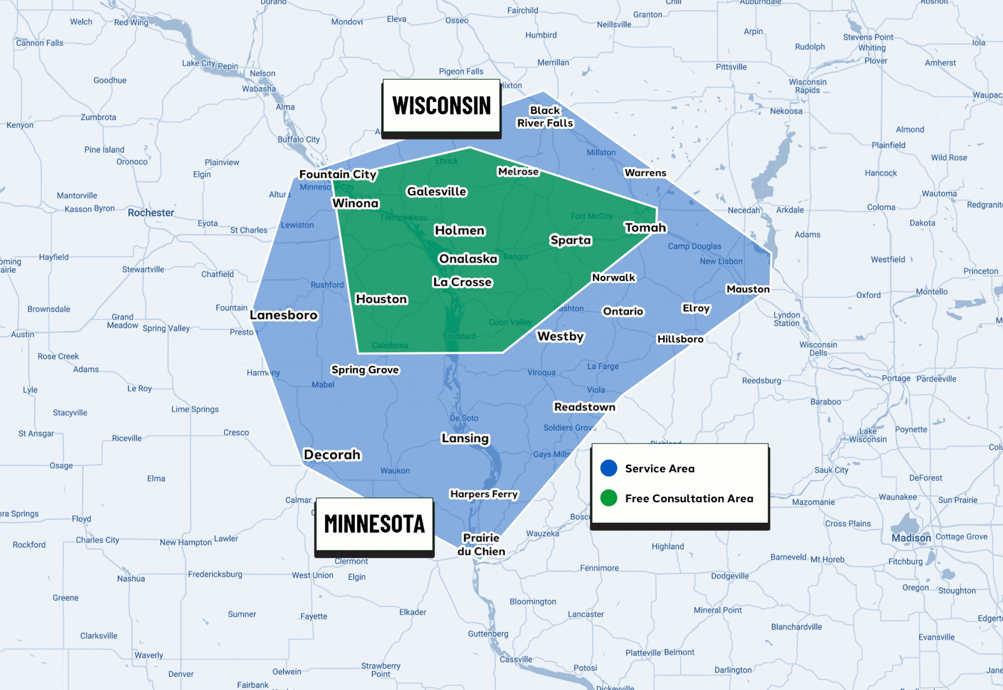 Service and consultation areas around La Crosse, WI