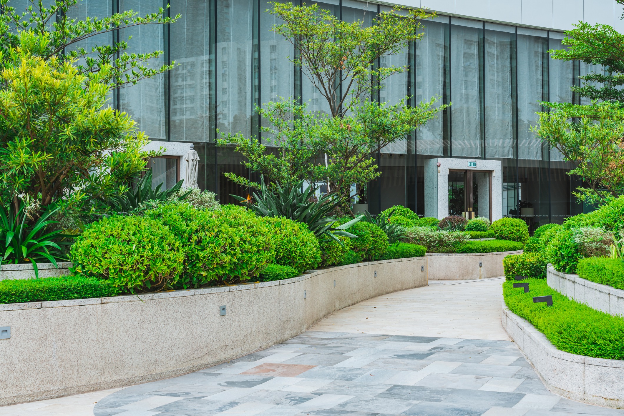 Modern glass building with landscaped garden walkway