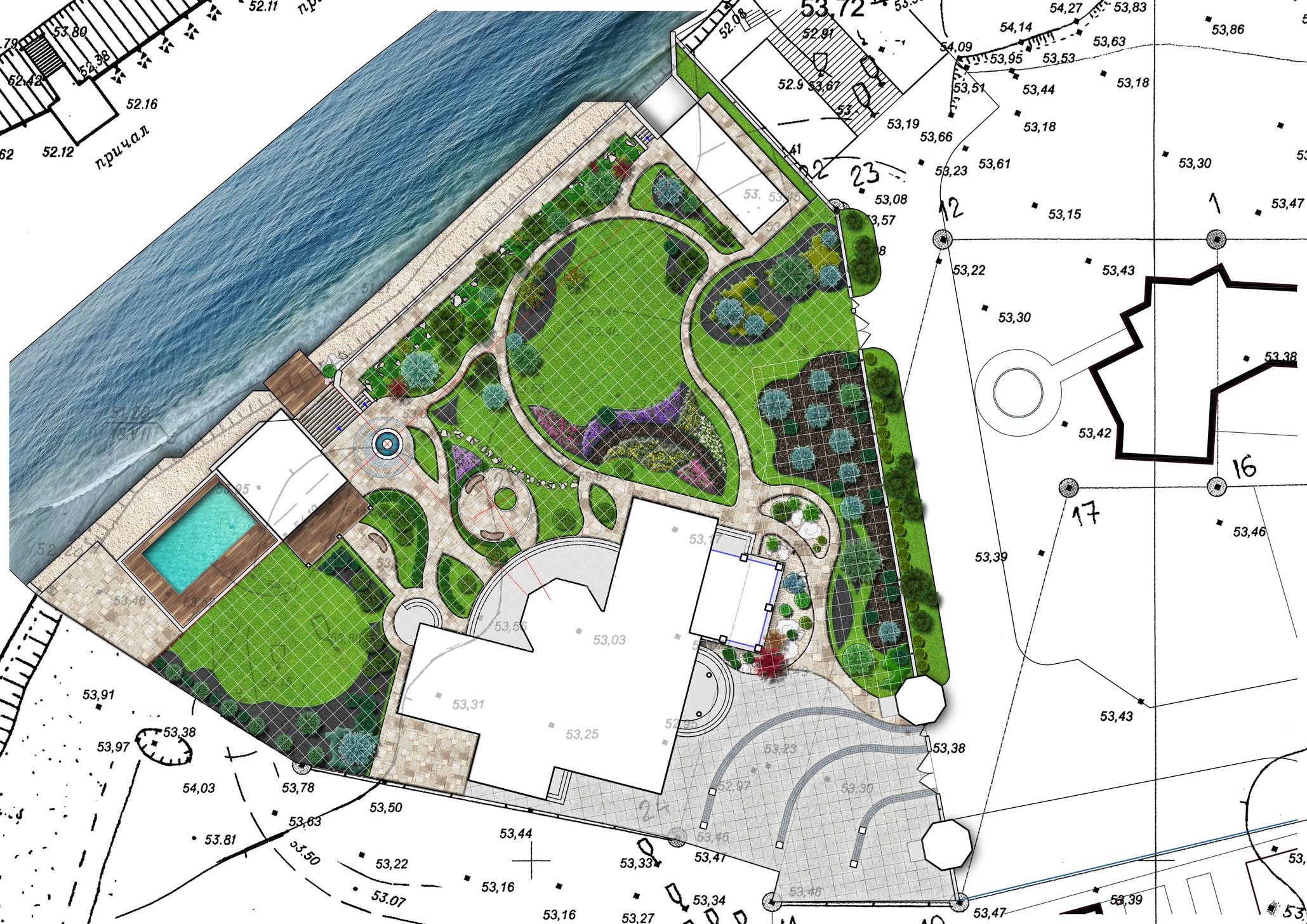 Riverside landscape architecture plan with garden and pool