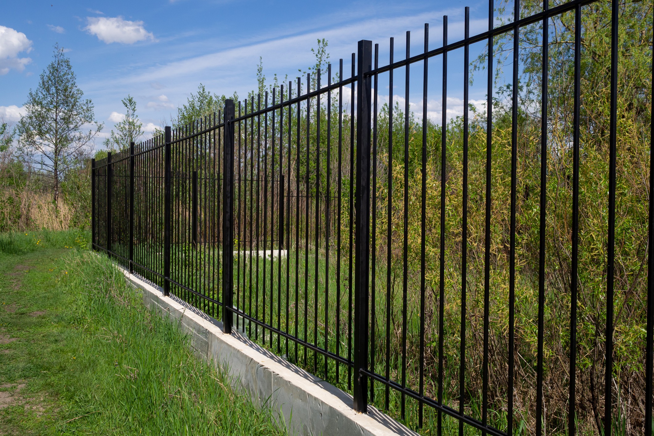 Black metal fence along grassy landscape