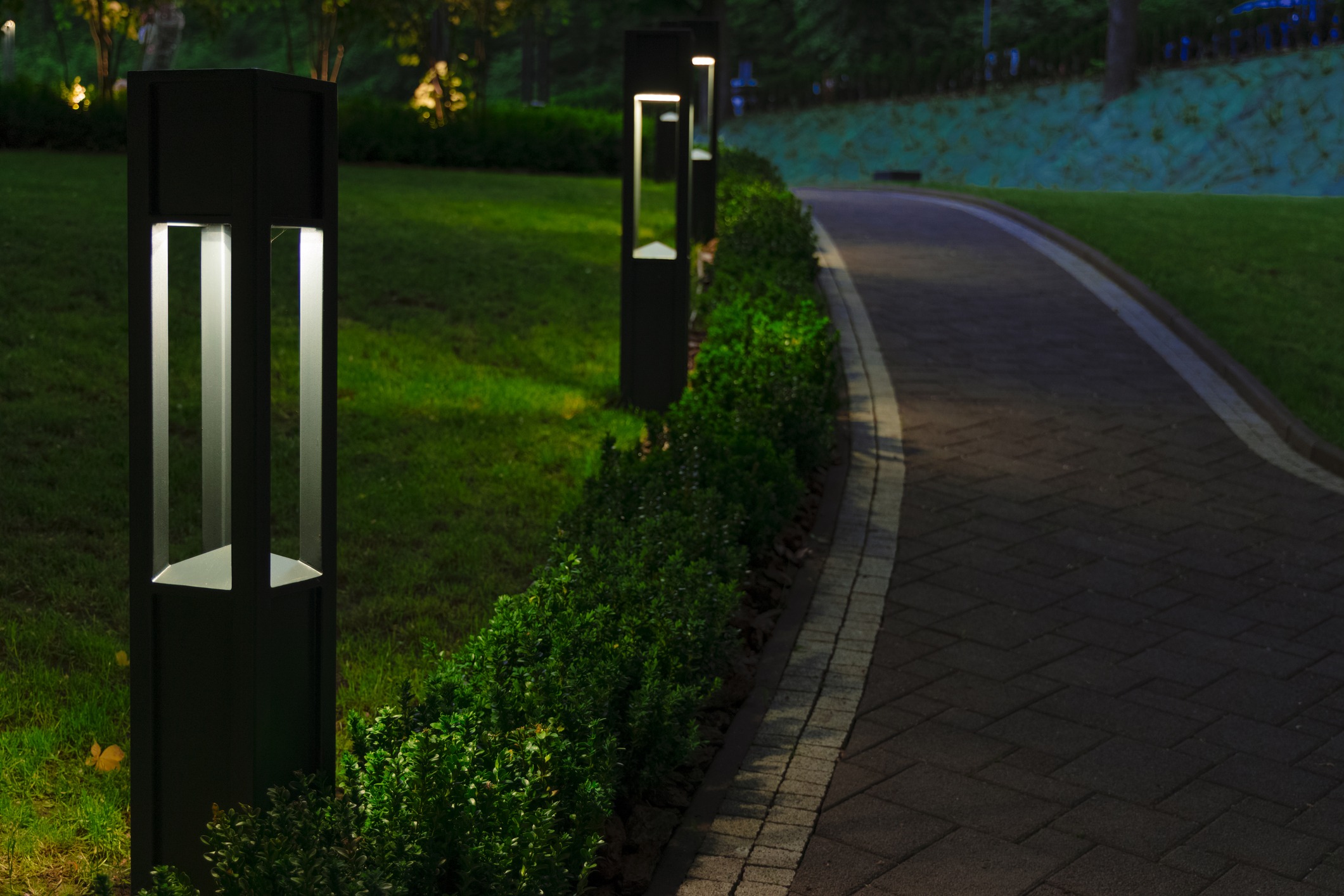 Modern pathway lights along curved garden walkway at night