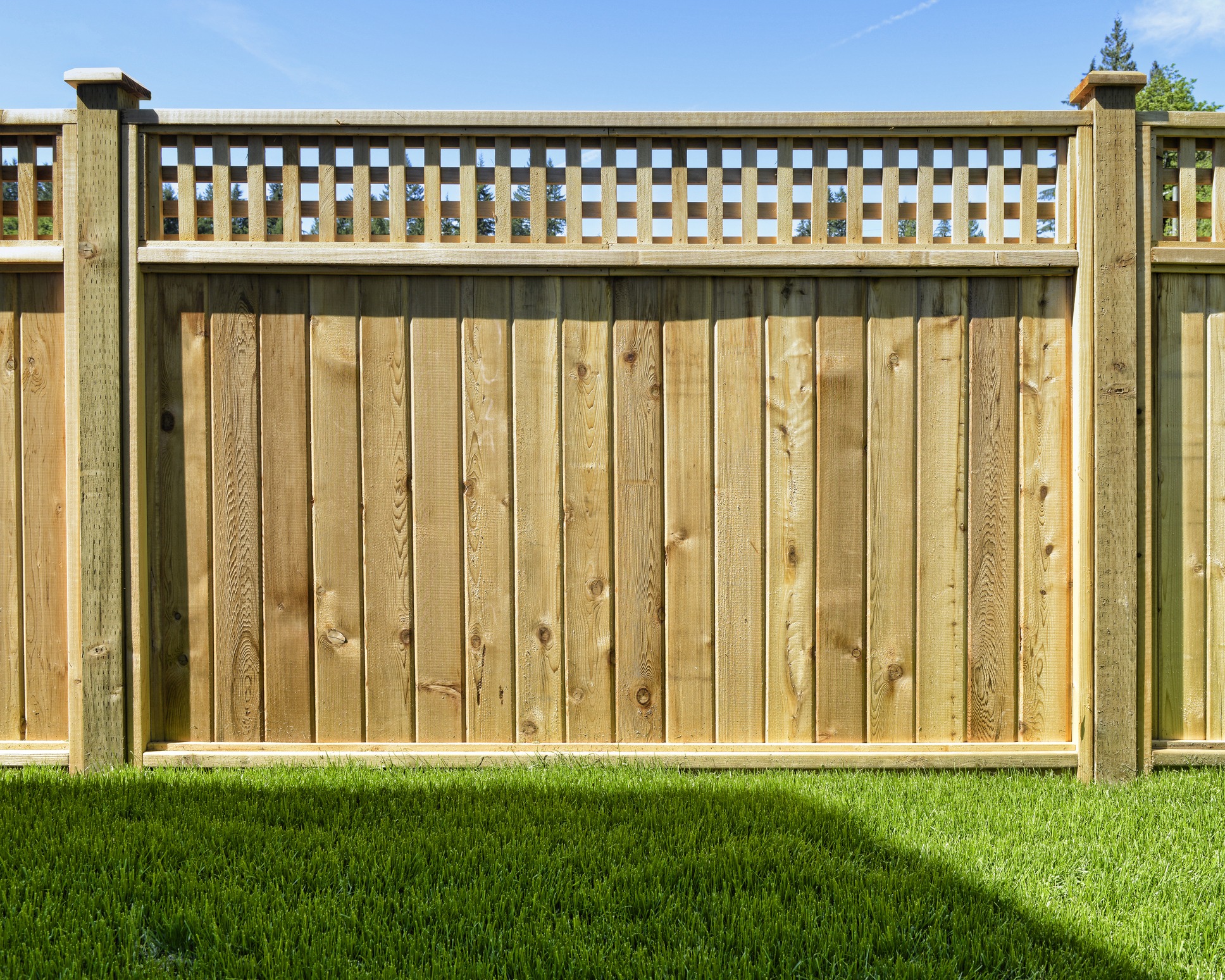 Wooden privacy fence with lattice top and lawn