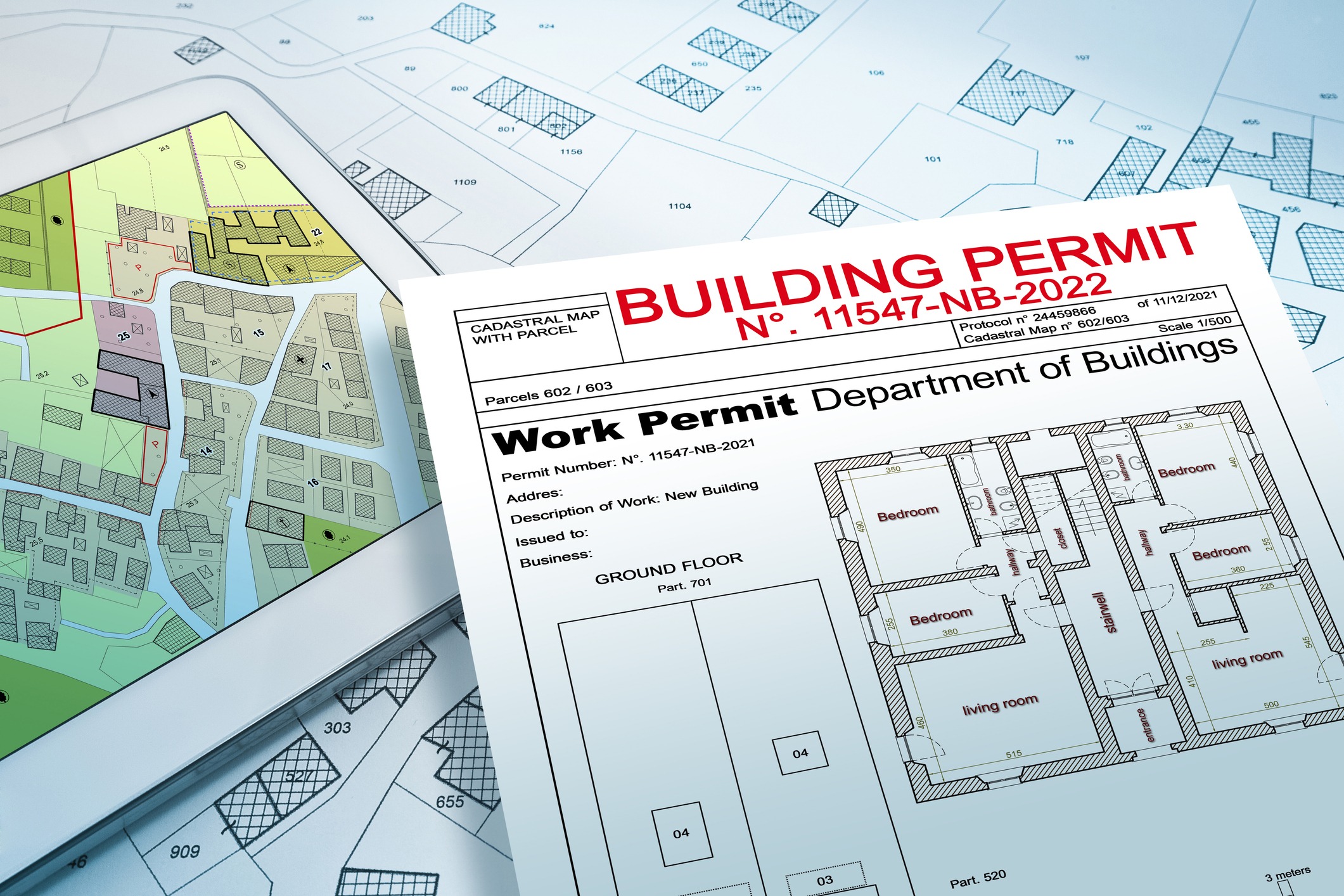 Building permit over cadastral map and floor plan