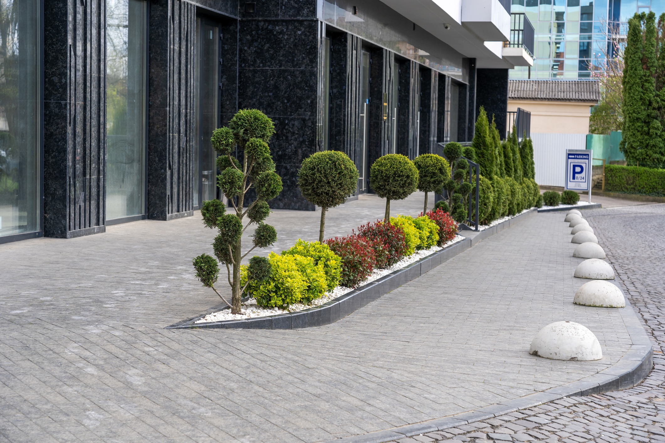 Modern building entrance with landscaped shrubs and walkway