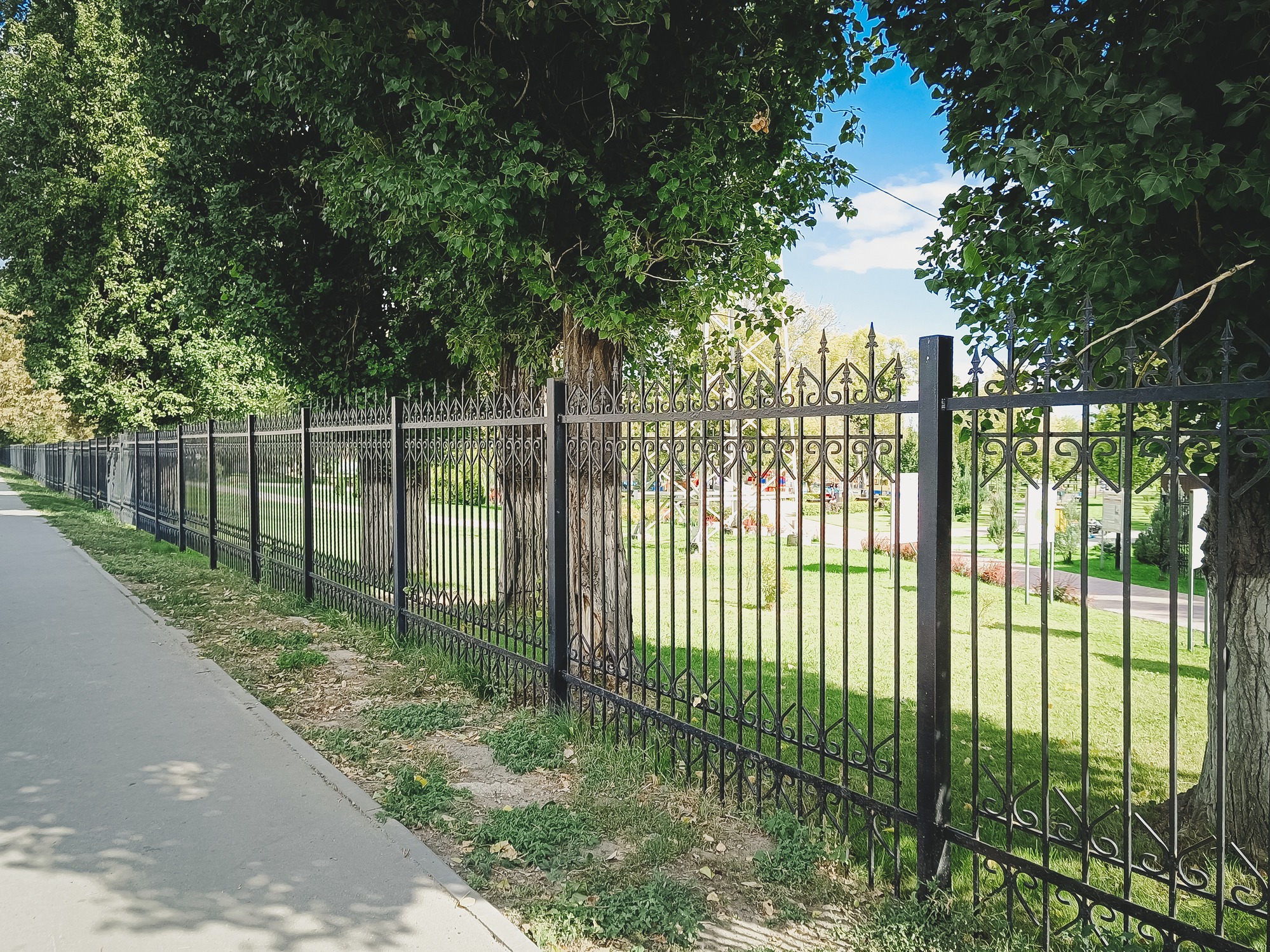 Wrought-iron fence along sunny park sidewalk