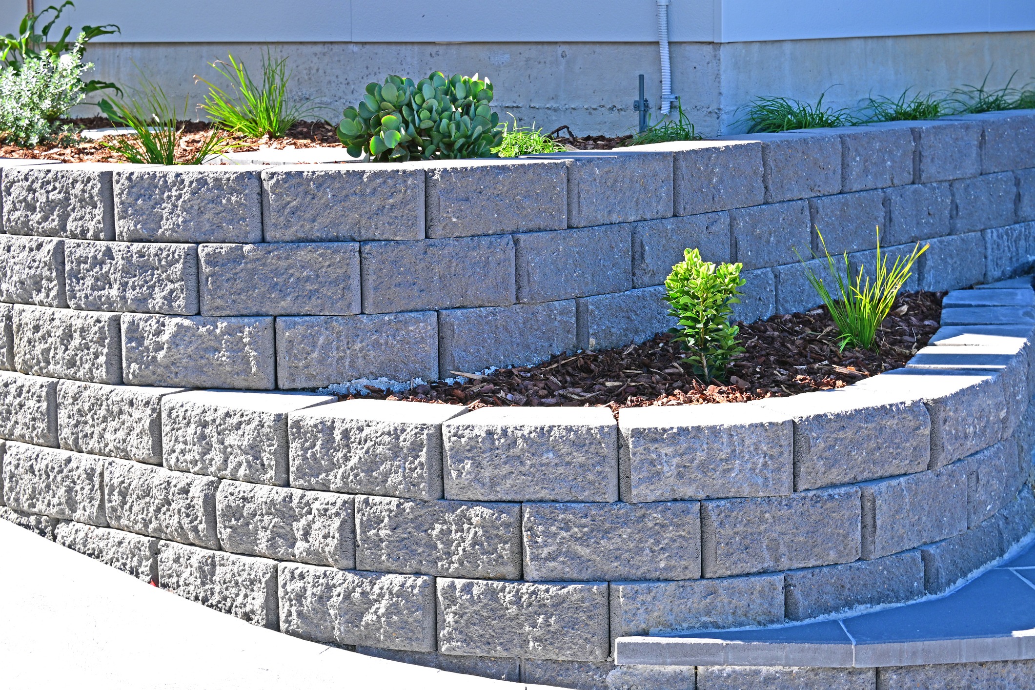 Tiered concrete retaining wall with landscaped garden bed