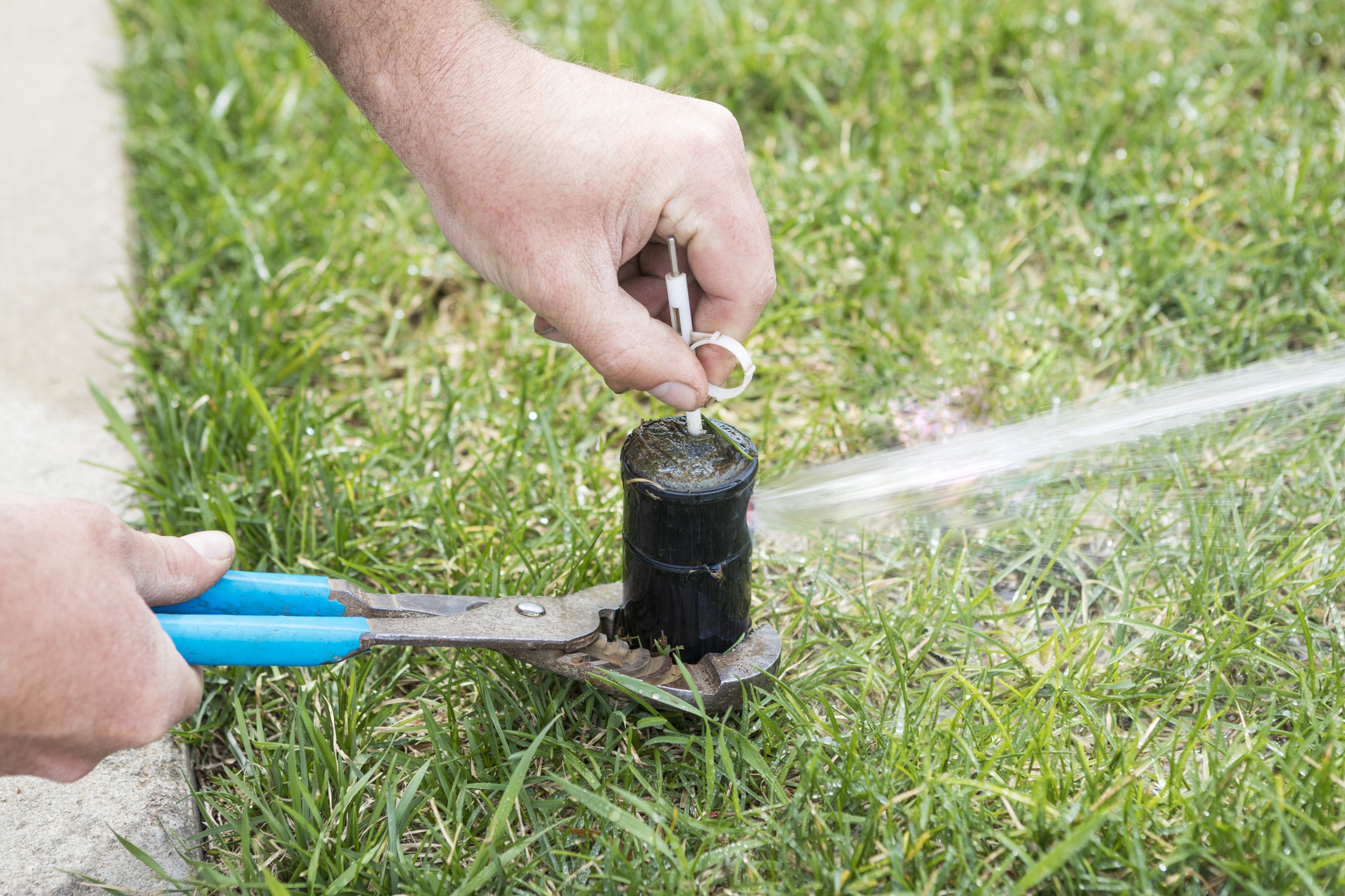 Adjusting lawn sprinkler head with pliers outdoors