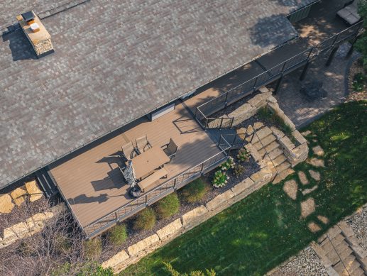 Aerial view of backyard deck and patio