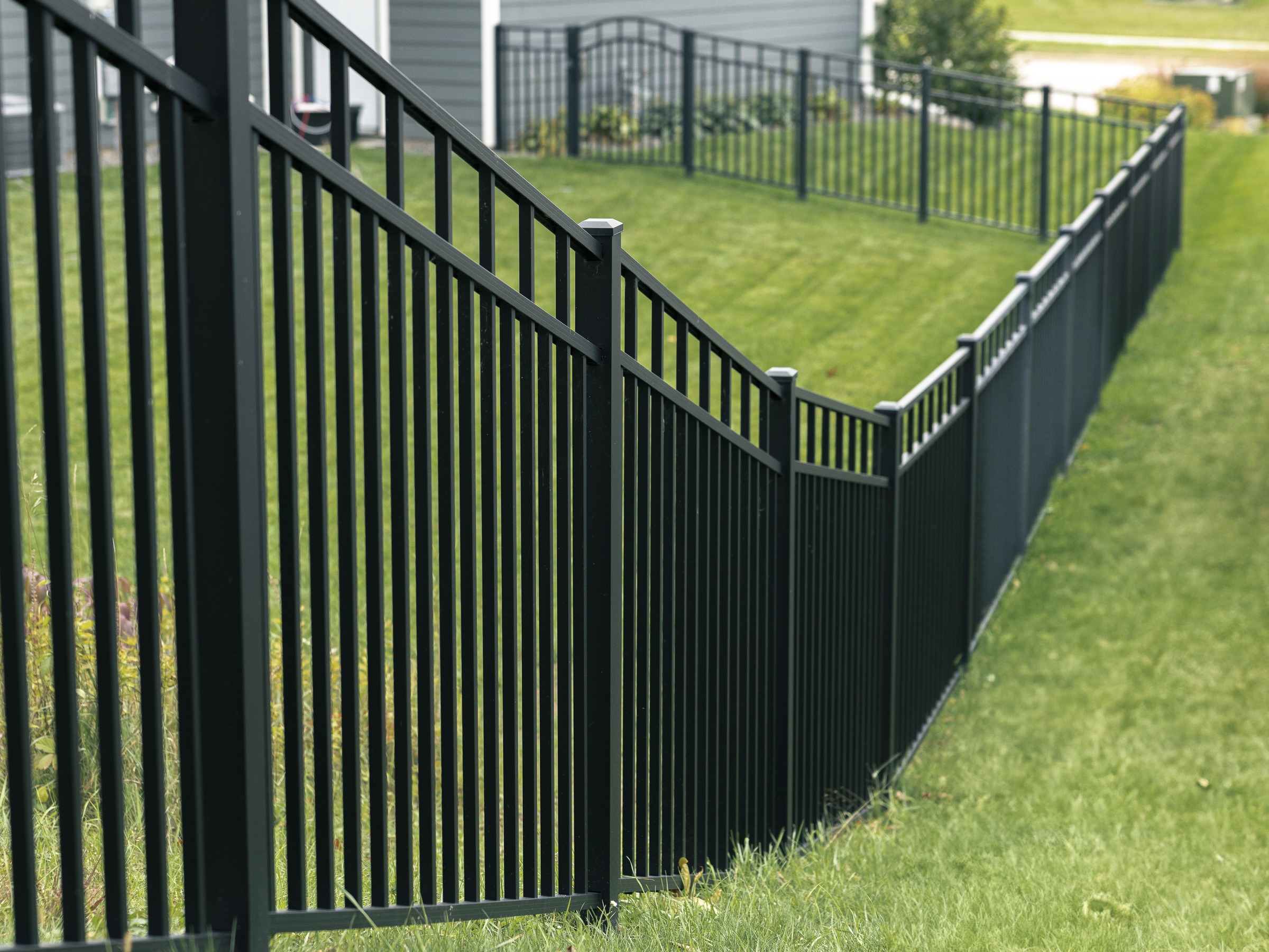 Courtyard aluminum fence along green backyard lawn