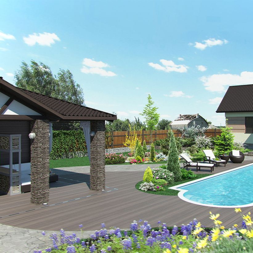 Landscaped backyard with pool and lounge chairs