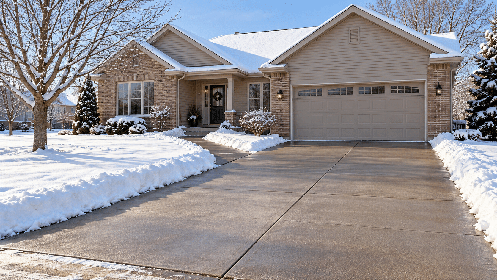 Cleared residential driveway and front walkway beside a snow-covered lawn in Onalaska, Wisconsin